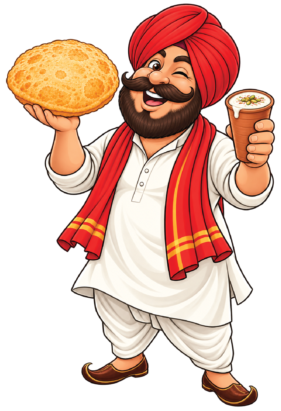Bhatura Jee mascot holding bhatura and lassi