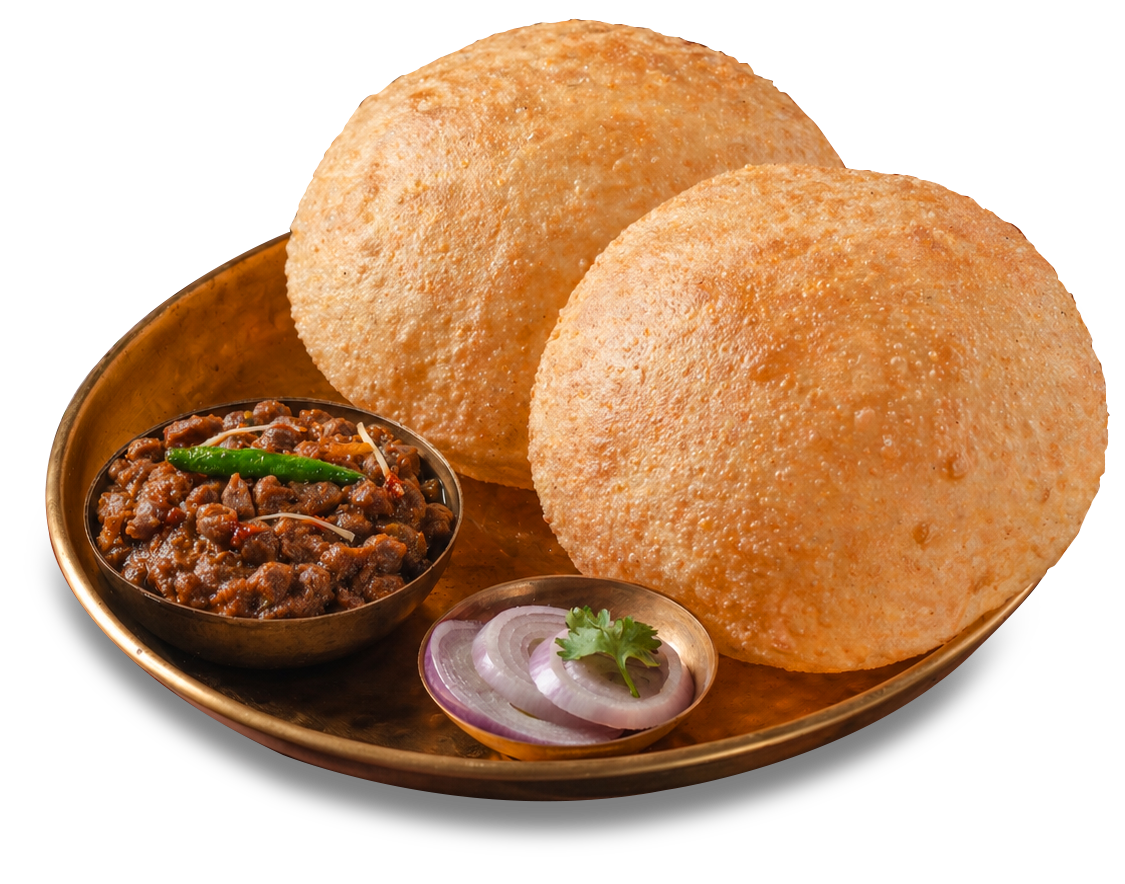 Chole bhature served with onions